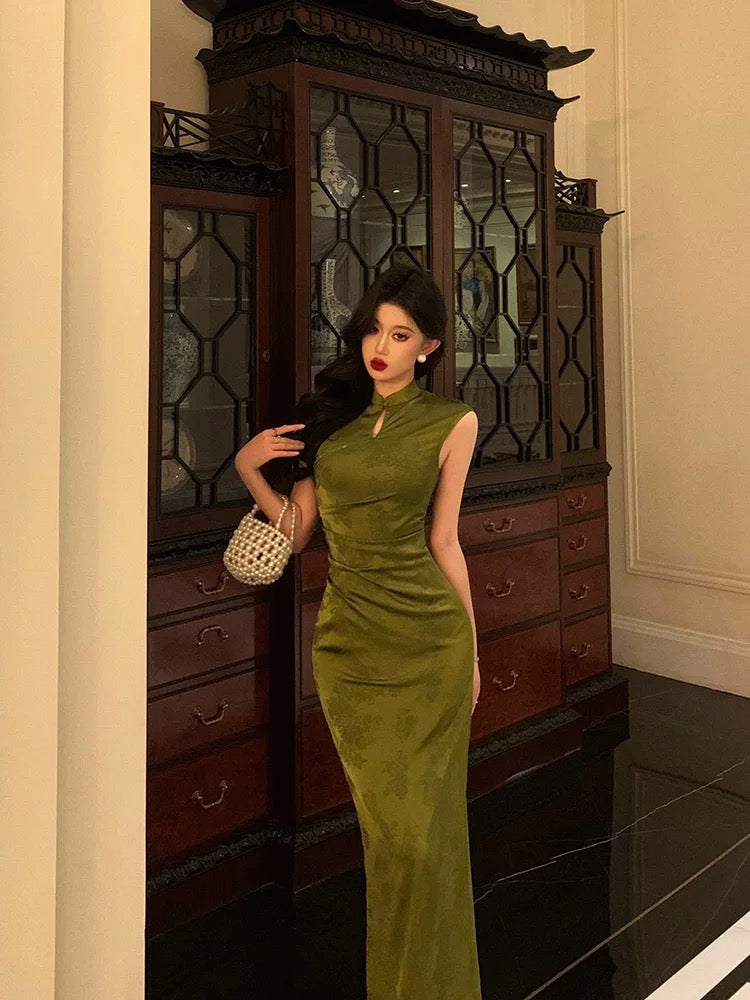 Gorgeous Mermaid High Neckline Green Satin Floral Date Night Dress Long Prom Dresses Birthday Outfits - View 5 | FashionDia