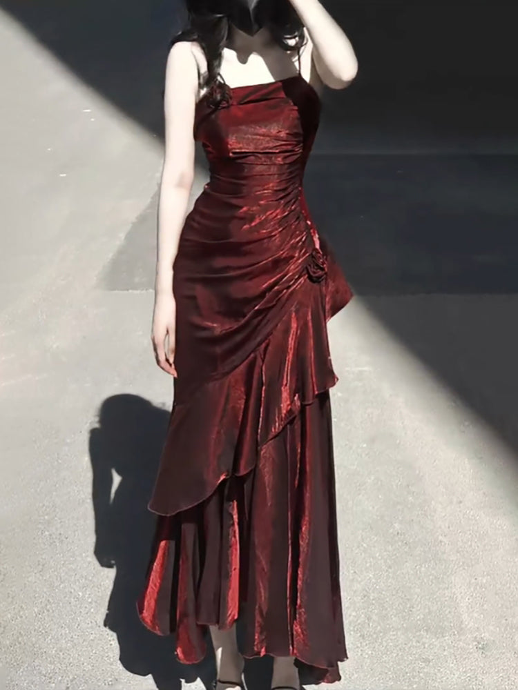 Chic A line Spaghetti Straps Christmas Dress Burgundy Birthday Dresses Birthday Outfits