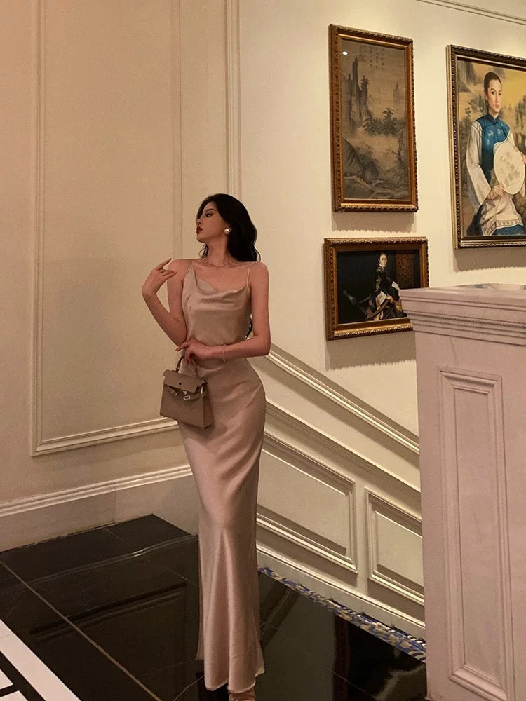 Sexy Sheath Straps Champagne Slit Prom Dresses Long Birthday Outfits