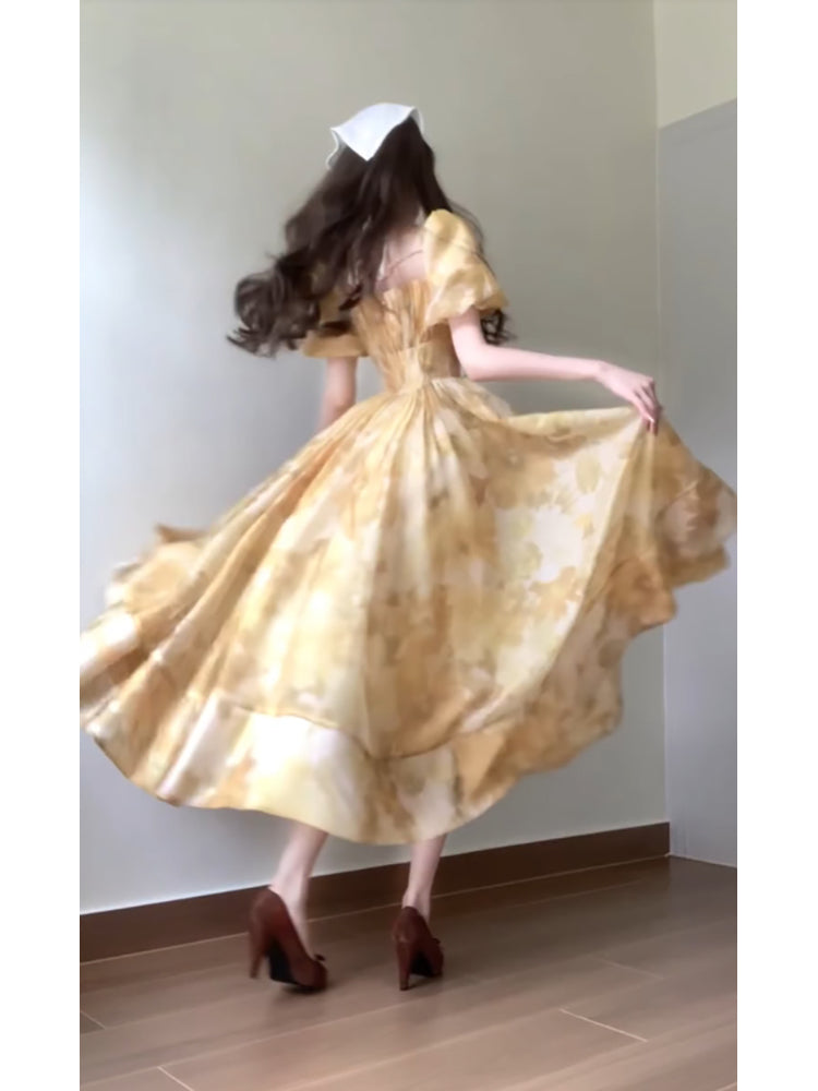 Sexy French A line Square Neckline Yellow Holiday Dress Floral Birthday Dresses Birthday Outfits