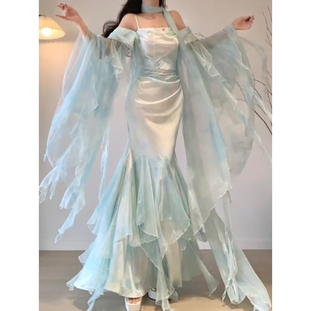 Chic Mermaid Spaghetti Straps Light Green Chiffon Long Prom Dress Birthday Dresses Birthday Outfits