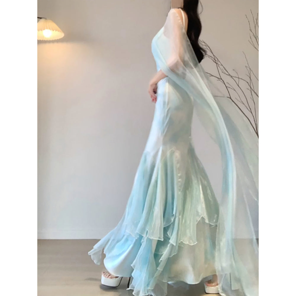 Chic Mermaid Spaghetti Straps Light Green Chiffon Long Prom Dress Birthday Dresses Birthday Outfits