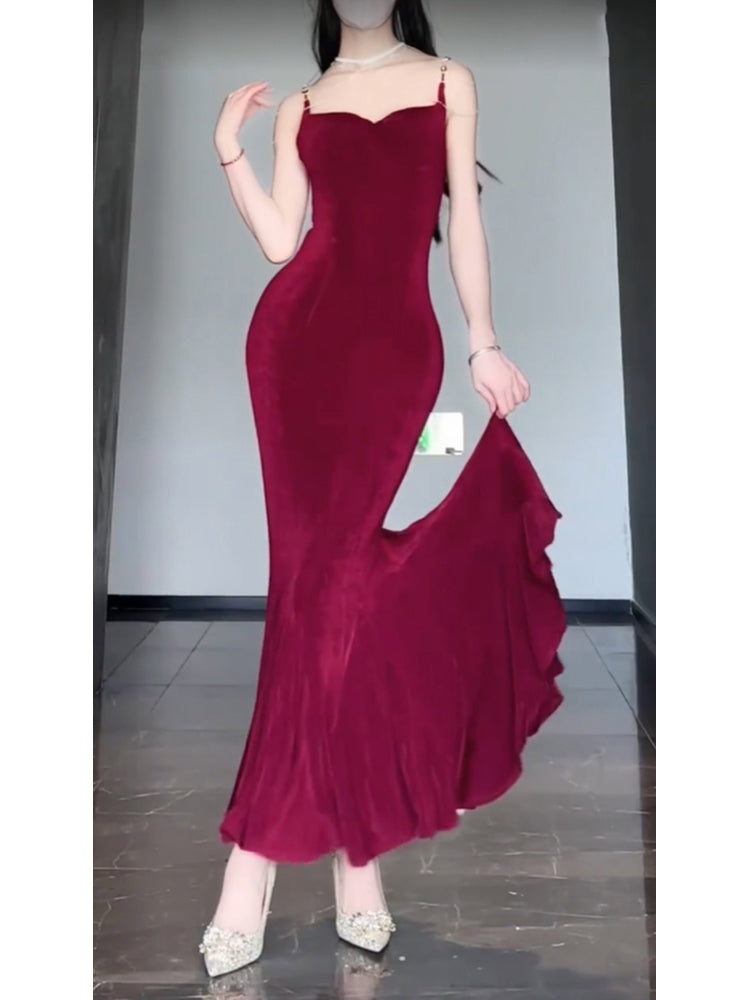 Sexy Mermaid Spaghetti Straps Christmas Dress Burgundy Prom Dresses Birthday Outfits - FashionDia