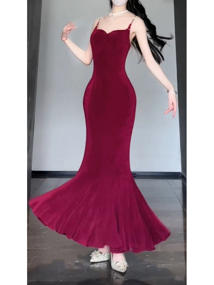 Sexy Mermaid Spaghetti Straps Christmas Dress Burgundy Prom Dresses Birthday Outfits - View 2 | FashionDia
