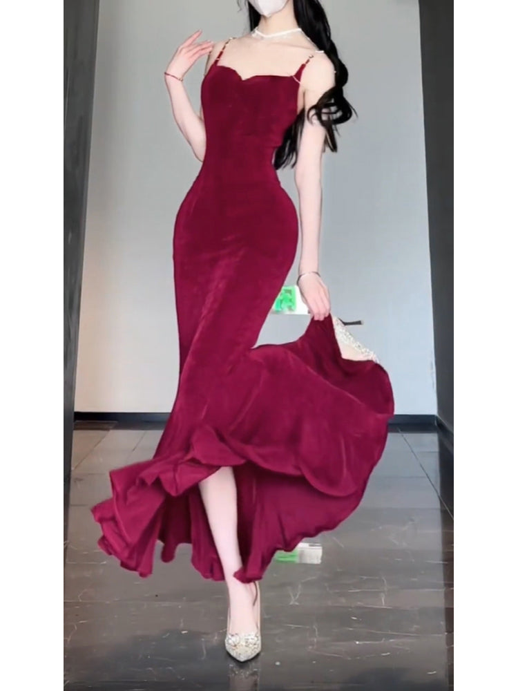 Sexy Mermaid Spaghetti Straps Christmas Dress Burgundy Prom Dresses Birthday Outfits - View 3 | FashionDia