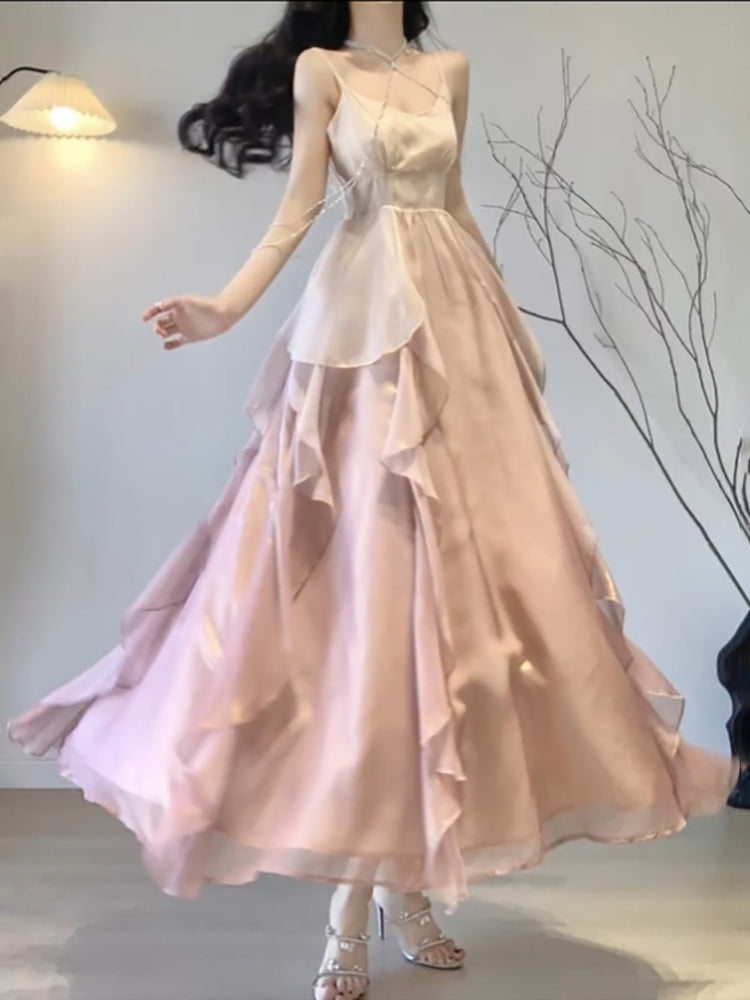 Sexy Mermaid Spaghetti Straps Ombre Pink Chiffon Dress Long Prom Dresses Birthday Outfits - FashionDia
