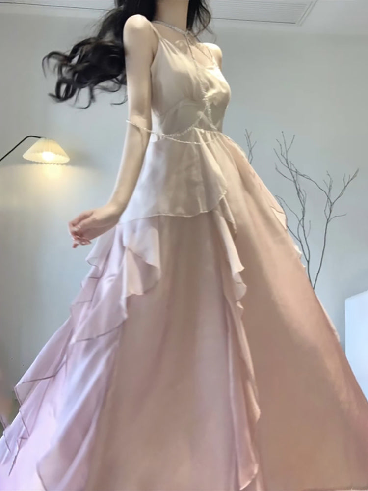 Sexy Mermaid Spaghetti Straps Ombre Pink Chiffon Dress Long Prom Dresses Birthday Outfits - View 2 | FashionDia