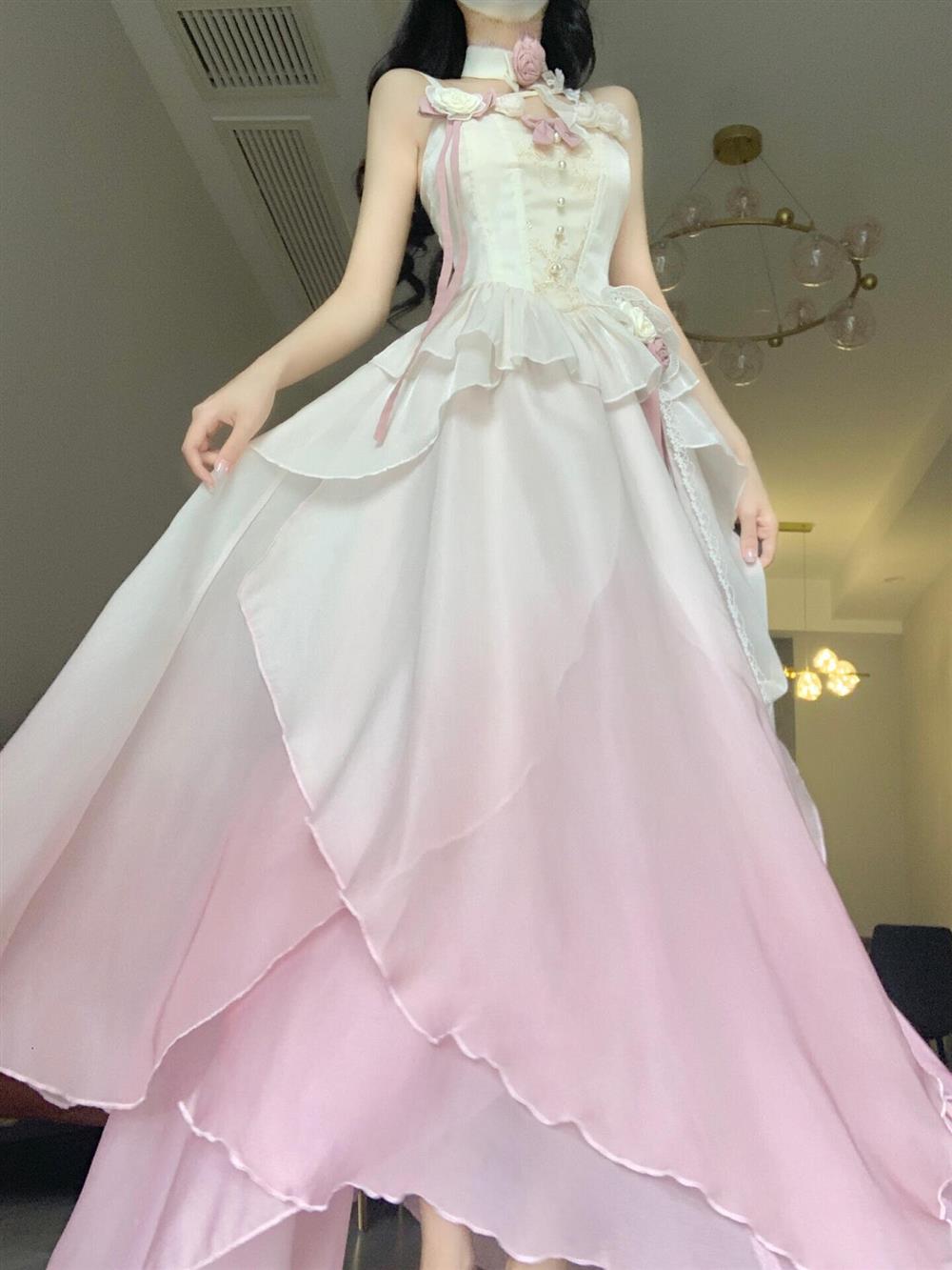 Sexy A-Line Ombre Pink Chiffon Dress Long Prom Dresses Night Dress Birthday Outfits - View 4 | FashionDia