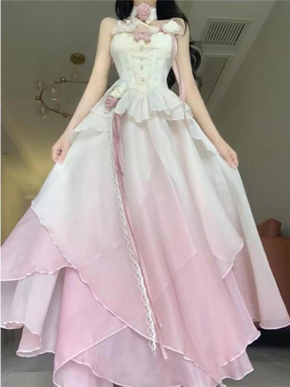 Sexy A-Line Ombre Pink Chiffon Dress Long Prom Dresses Night Dress Birthday Outfits - FashionDia