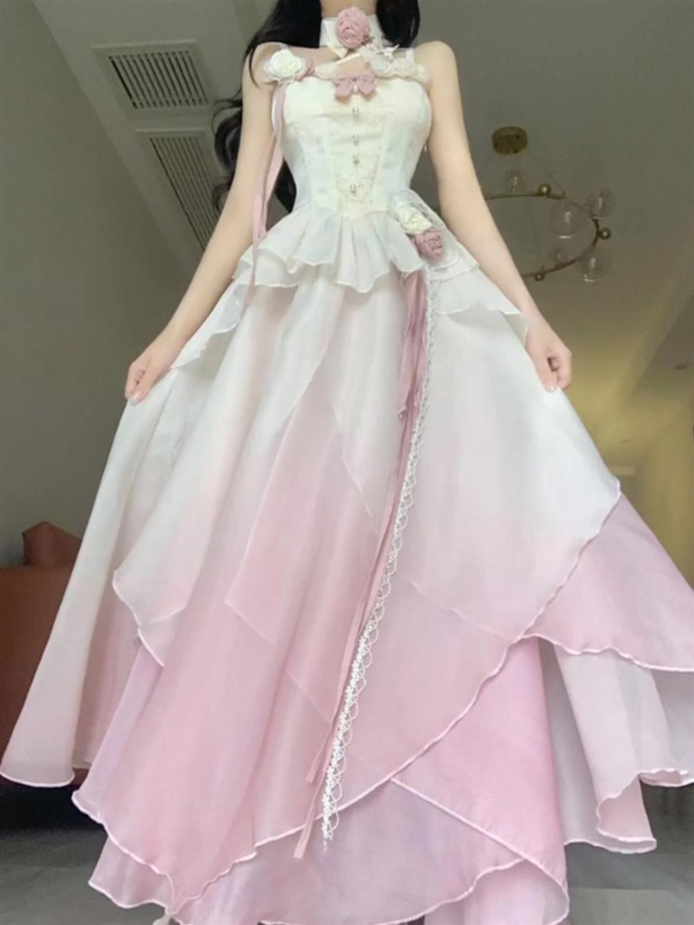 Sexy A-Line Ombre Pink Chiffon Dress Long Prom Dresses Night Dress Birthday Outfits - View 3 | FashionDia