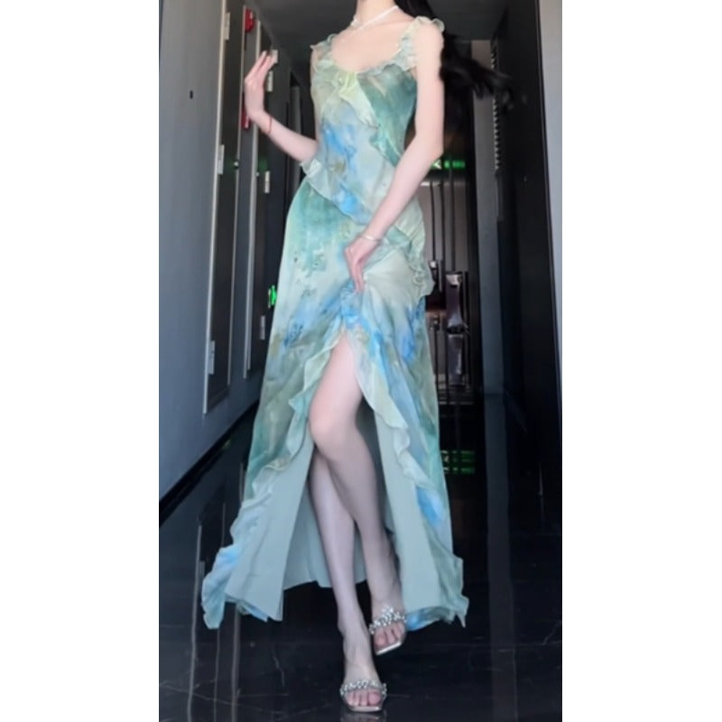 Sexy Sheath Straps Green Floral Beach Dress Women's Vacation Dresses Birthday Dress
