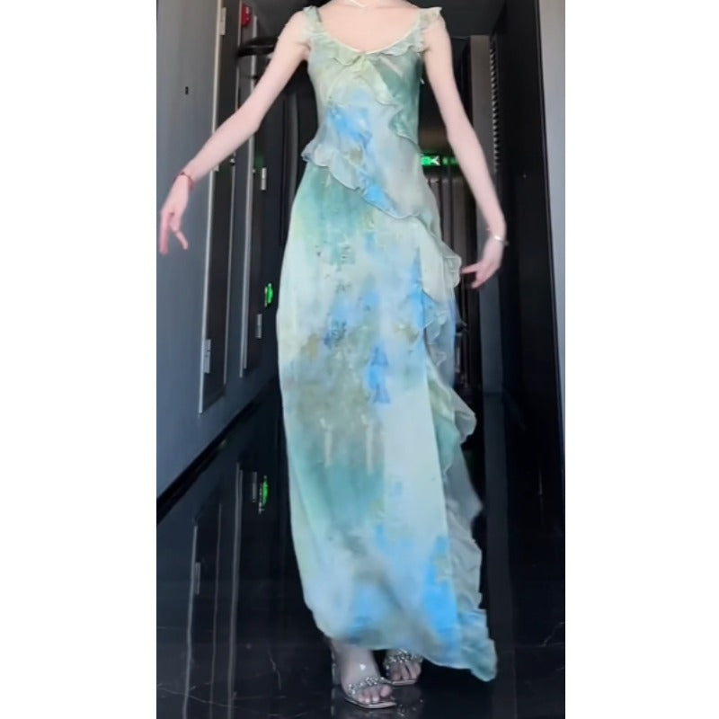 Sexy Sheath Straps Green Floral Beach Dress Women's Vacation Dresses Birthday Dress