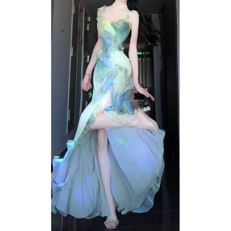 Sexy Sheath Straps Green Floral Beach Dress Women's Vacation Dresses Birthday Dress