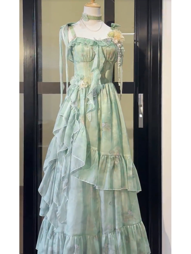 Vintage A-Line Spaghetti Straps Green Floral Long Birthday Dresses Prom Dress Birthday Outfits - View 2 | FashionDia