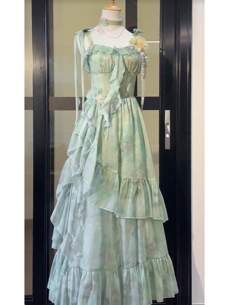 Vintage A-Line Spaghetti Straps Green Floral Long Birthday Dresses Prom Dress Birthday Outfits - FashionDia