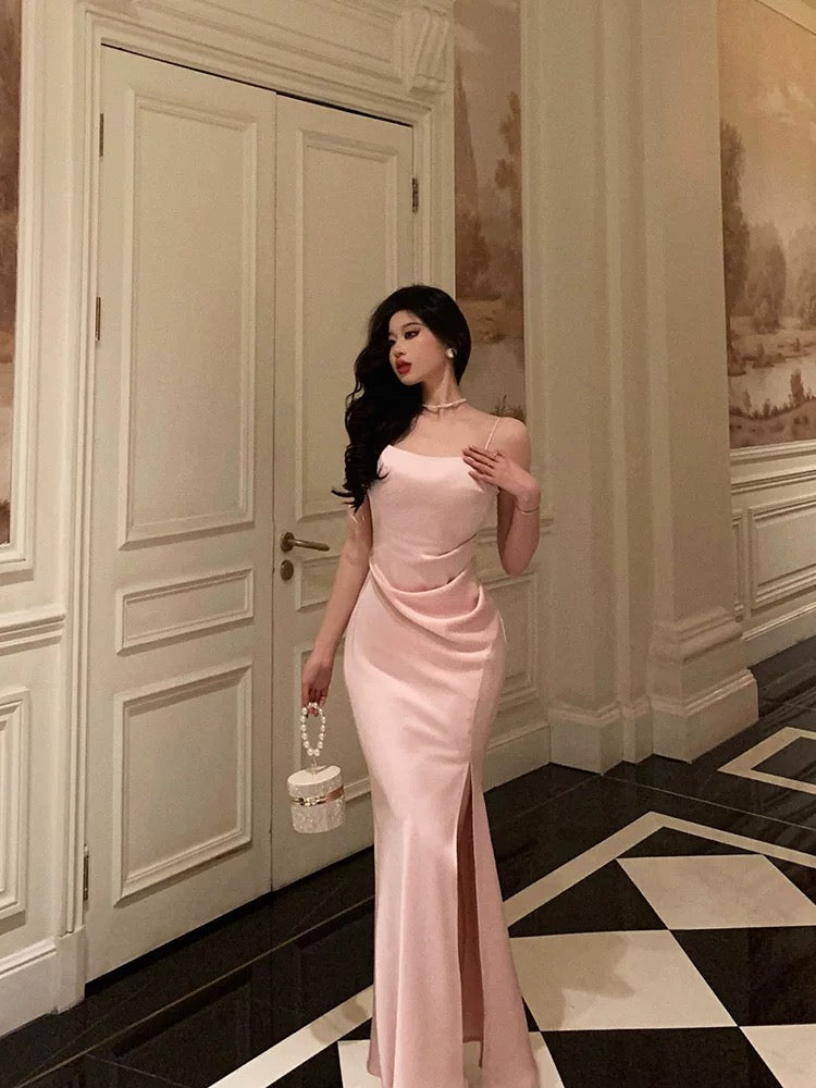 Classy Sheath Spaghetti Straps Pink Satin Prom Dresses Birthday Outfits Evening Gown - View 5 | FashionDia