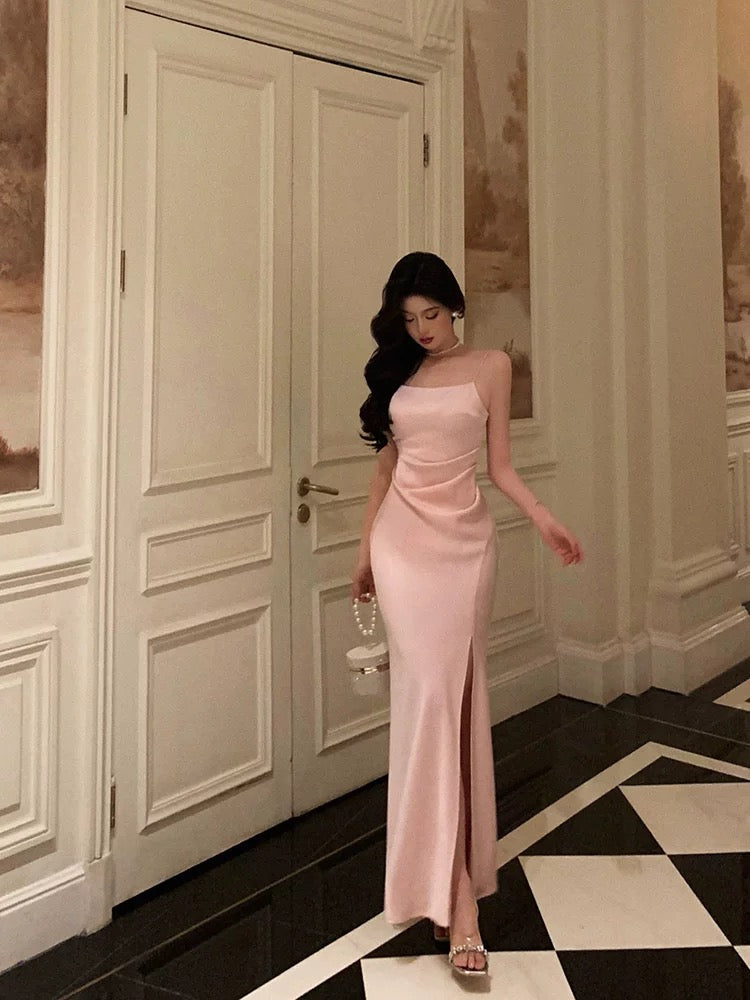 Classy Sheath Spaghetti Straps Pink Satin Prom Dresses Birthday Outfits Evening Gown - FashionDia