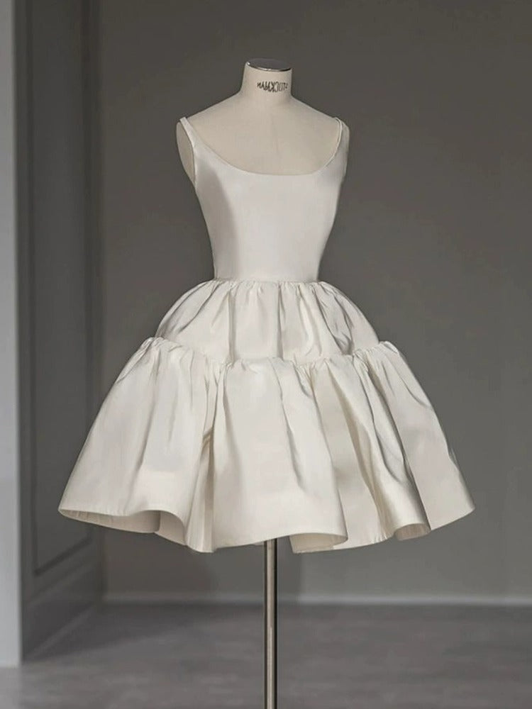 Chic Ball Gown Straps White Satin Homecoming Dresses Birthday Dress Birthday Outfits - FashionDia