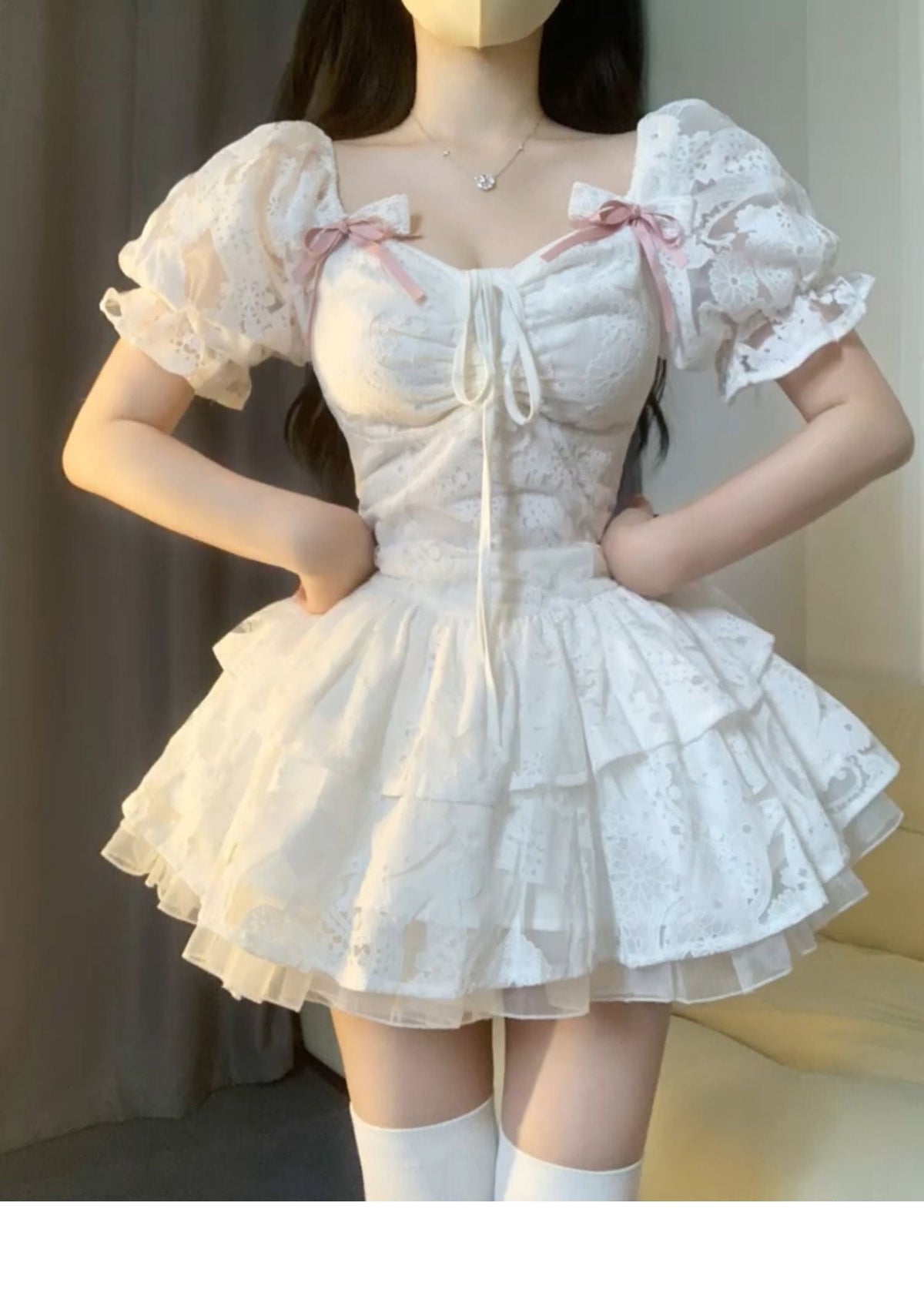 Chic Ball Gown Short Sleeves White Lace Lolita Dresses Party Dress Birthday Outfits - FashionDia