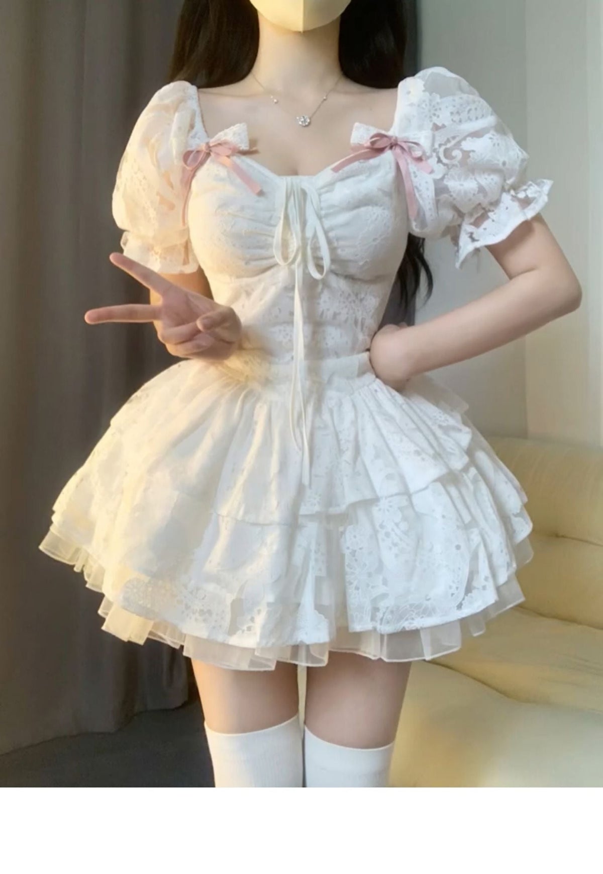 Chic Ball Gown Short Sleeves White Lace Lolita Dresses Party Dress Birthday Outfits - View 3 | FashionDia