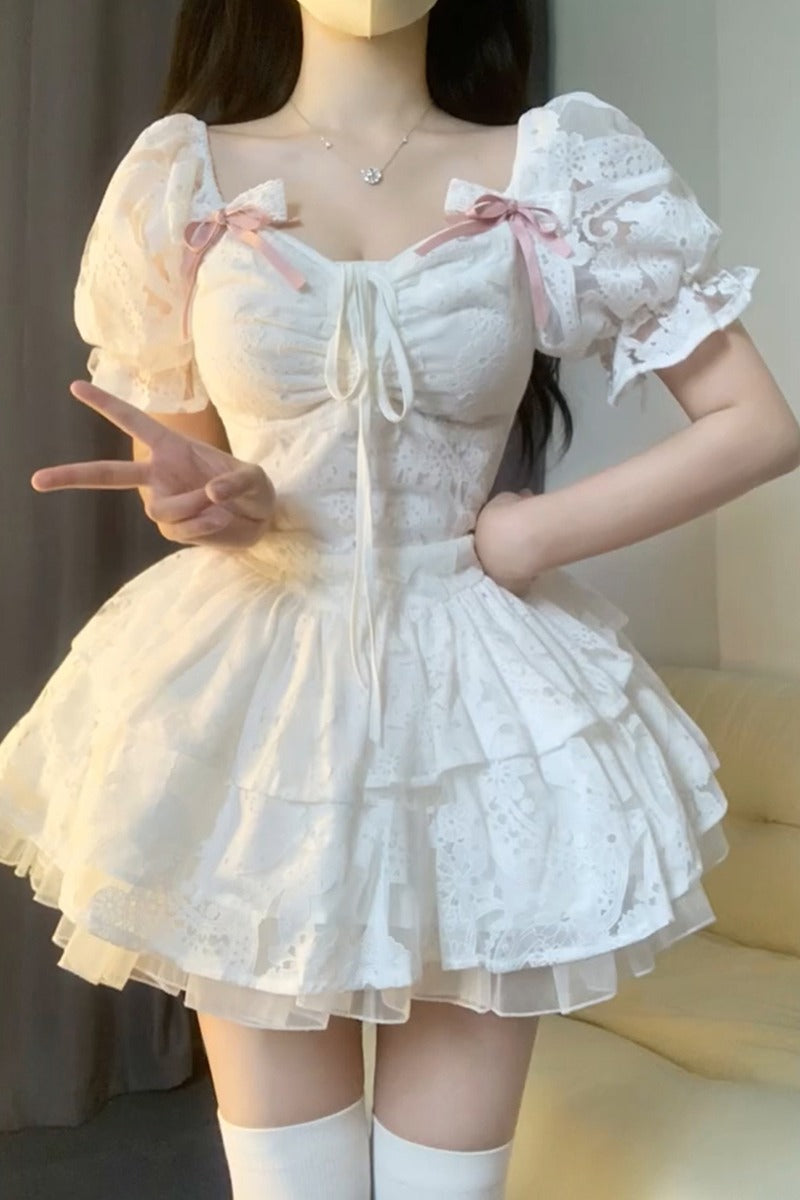 Chic Ball Gown Short Sleeves White Lace Lolita Dresses Party Dress Birthday Outfits - View 4 | FashionDia