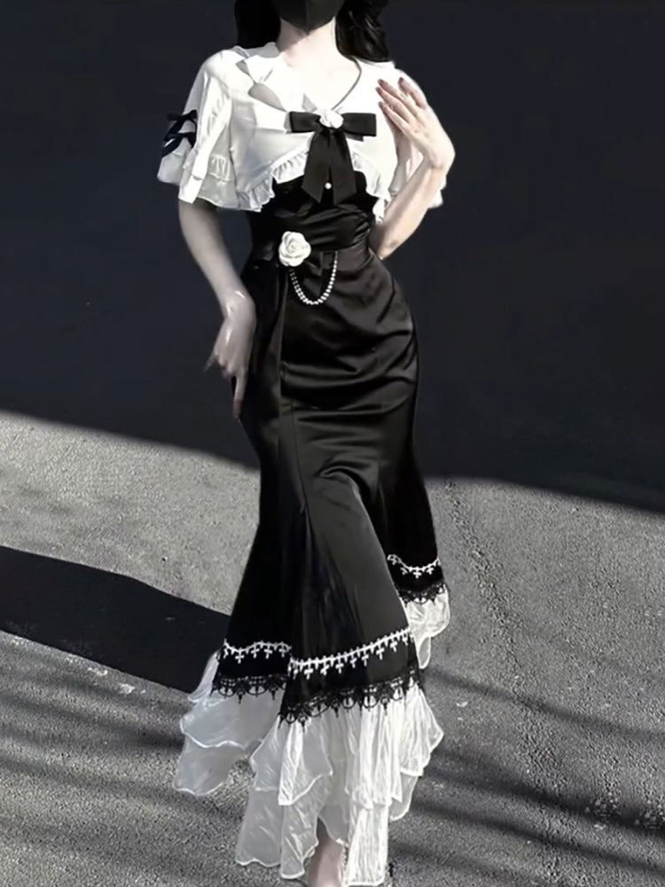 Princess A-Line Black Satin Long Prom Dresses Night Lolita Dress Birthday Outfits - FashionDia