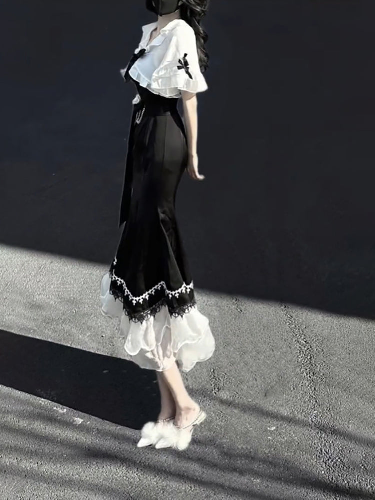 Princess A-Line Black Satin Long Prom Dresses Night Lolita Dress Birthday Outfits - View 2 | FashionDia