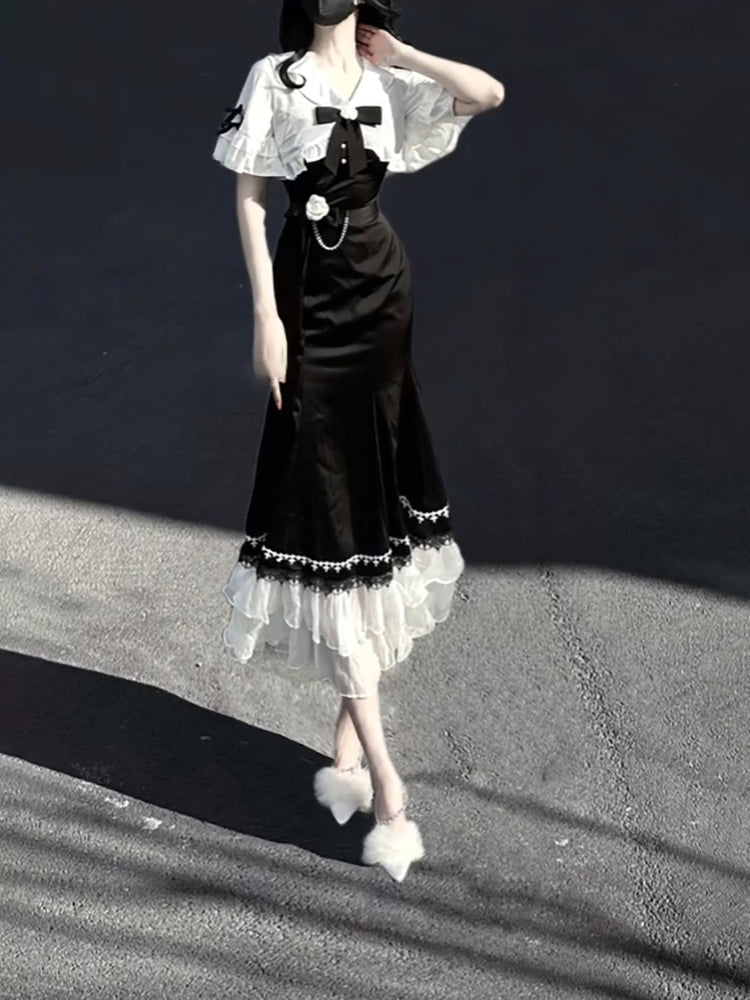Princess A-Line Black Satin Long Prom Dresses Night Lolita Dress Birthday Outfits - View 3 | FashionDia