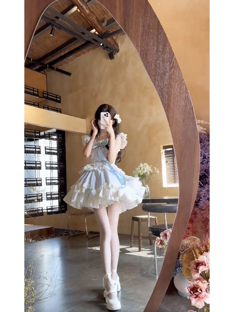 French Ball Gown Square Neckline Short Tulle Blue Lolita Dresses Party Dress Birthday Outfits - View 4 | FashionDia