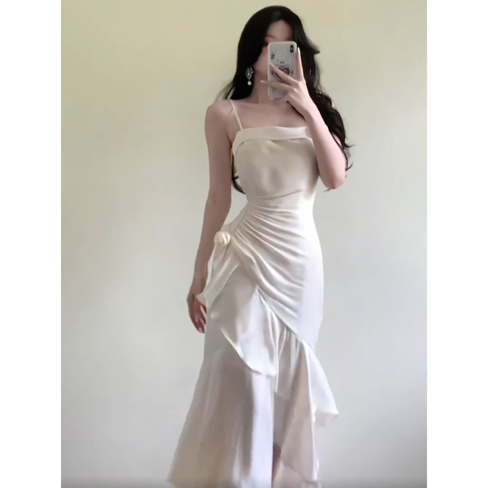 Sexy Mermaid Spaghetti Straps White Long Prom Dresses Night Dress Birthday Outfits - FashionDia