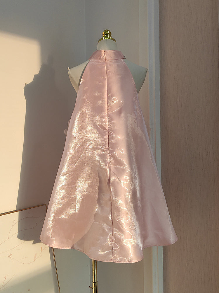 Cute A-Line Halter Pink Travel Vacation Dresses Short Satin Birthday Dress - View 2 | FashionDia
