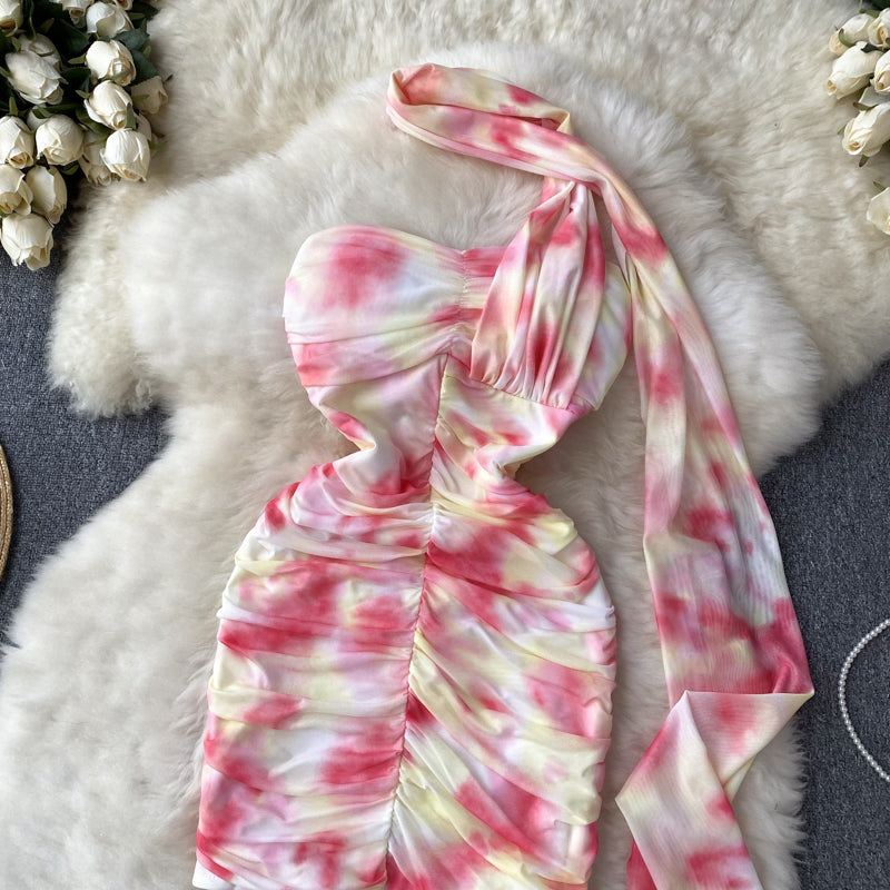 Sexy Sheath Strapless Pink Floral Holiday Dresses Short Length Women's Dress
