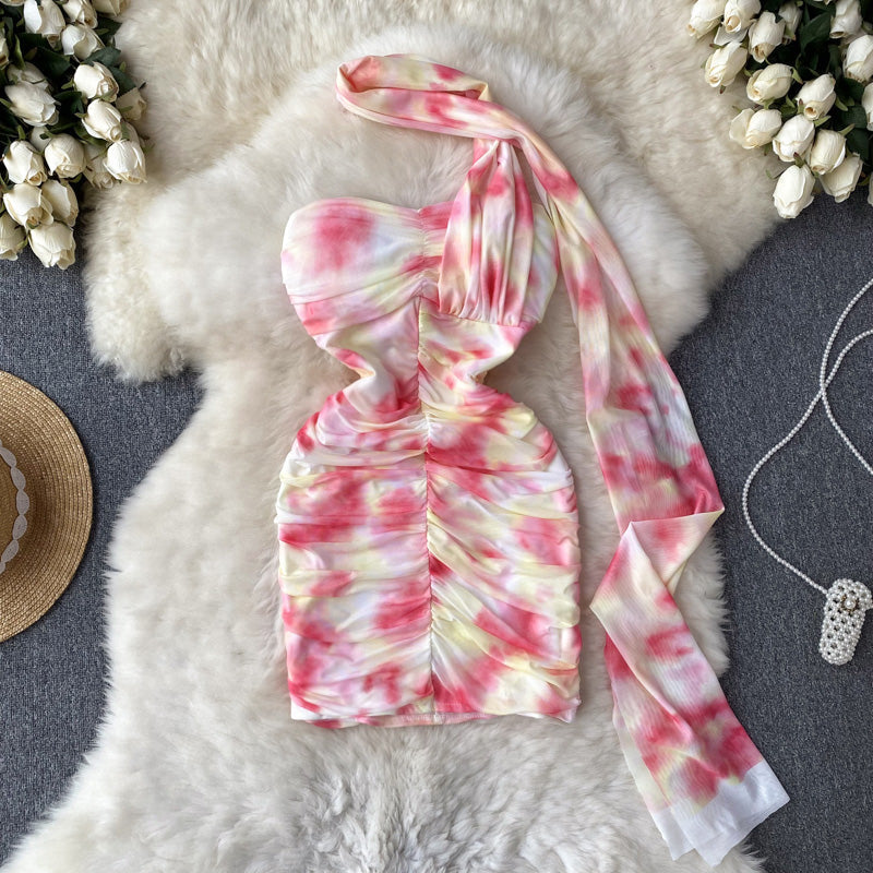 Sexy Sheath Strapless Pink Floral Holiday Dresses Short Length Women's Dress
