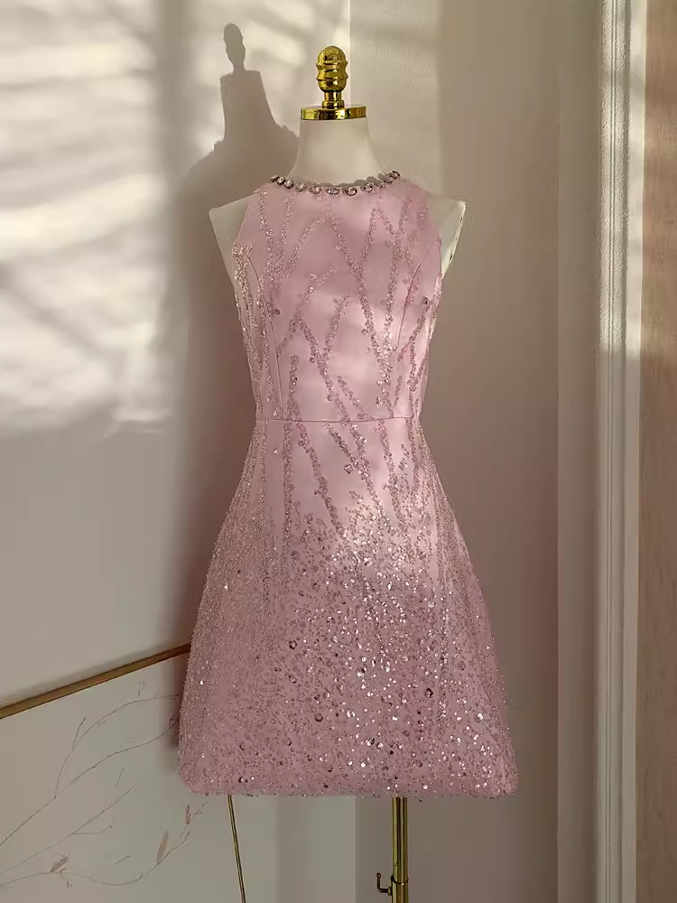 Sexy A-Line Scoop Pink Sequin Travel Vacation Dress Short Birthday Dress - View 3 | FashionDia