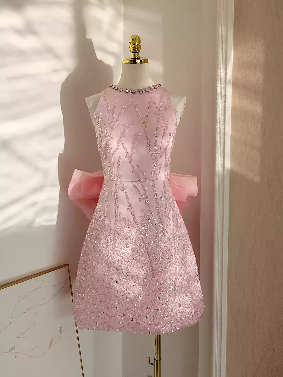 Sexy A-Line Scoop Pink Sequin Travel Vacation Dress Short Birthday Dress - FashionDia