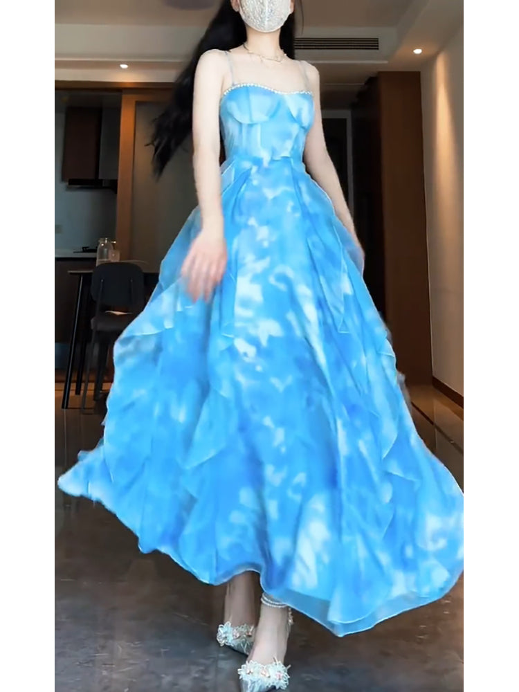 Sexy A-Line Spaghetti Straps Blue Holiday Dress Chiffon Birthday Dresses Birthday Outfits - FashionDia