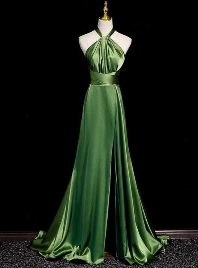 Sexy A-Line Green Satin Halter Backless Prom Dress Prom Dress - FashionDia