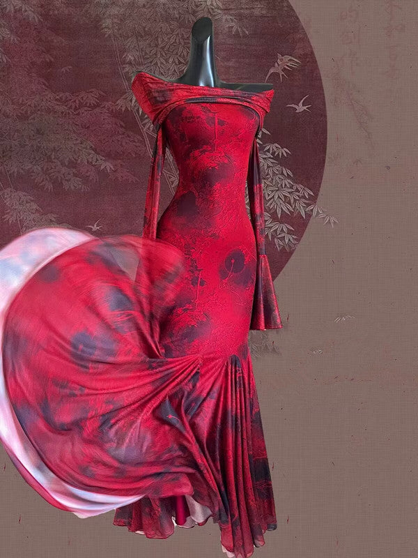 Vintage Mermaid Off-the-Shoulder Red Floral Holiday Dress Birthday Dresses Birthday Outfits - View 6 | FashionDia