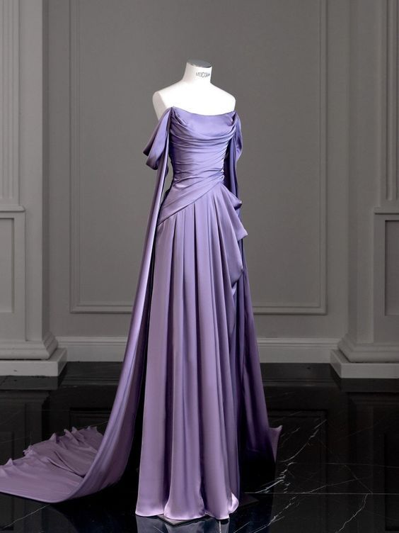 Vintage A Line Off The Shoulder Light Grape Satin Prom Dresses Long Evening Gown Formal Party Dress