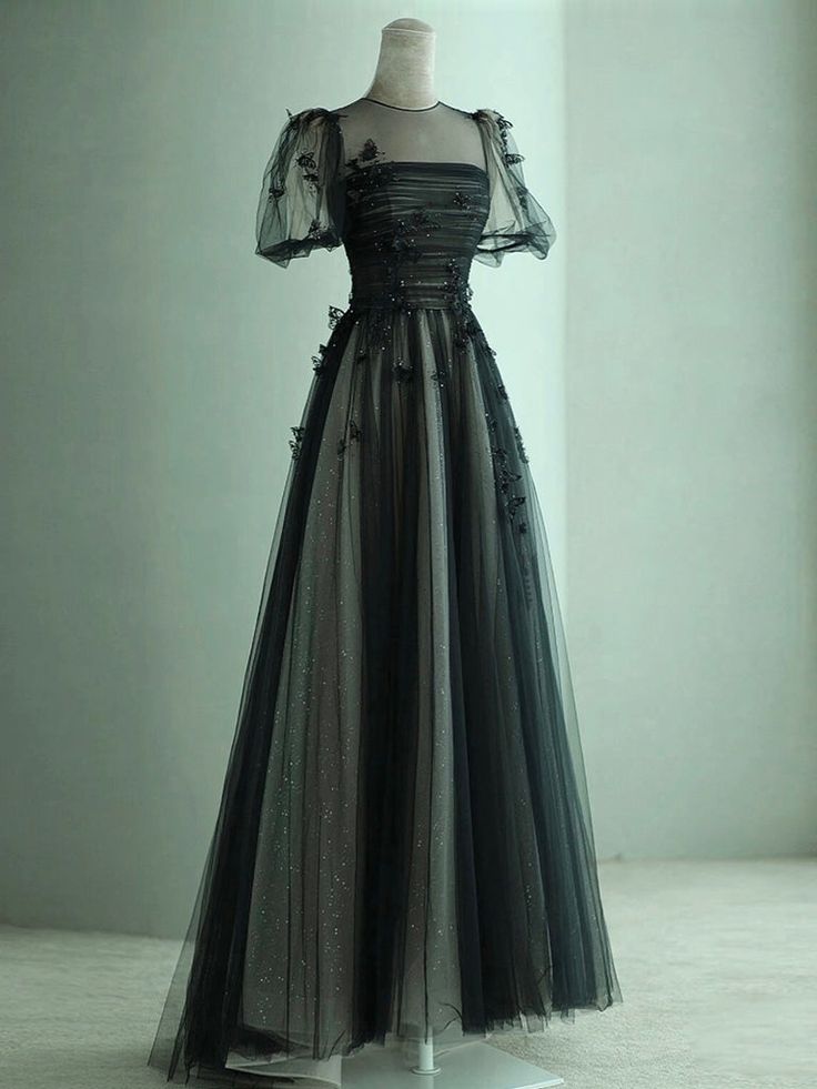 A-Line Puff Sleeves Tulle Long Prom Dress Black Formal Evening Dress - FashionDia
