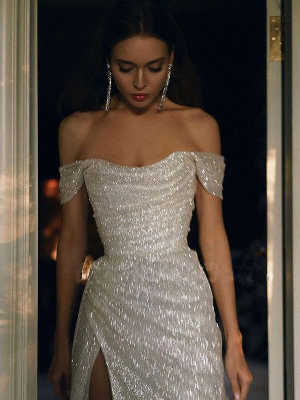 Sparkly Ivory Mermaid Off-the-Shoulder High Slit Cheap Long Prom Dresses - View 3 | FashionDia