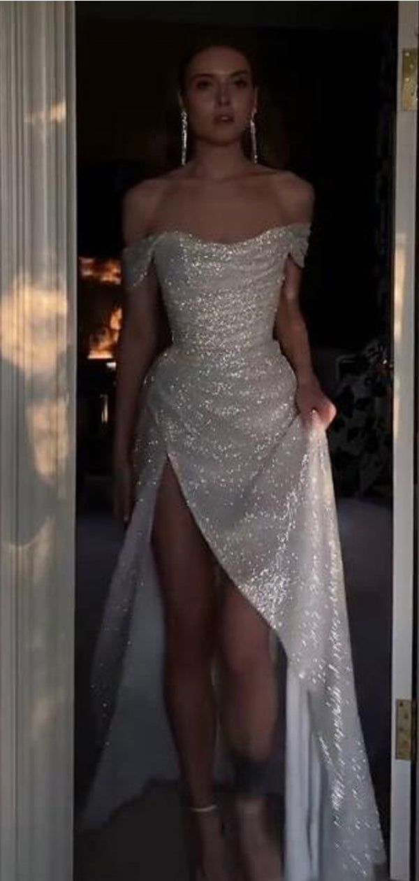 Sparkly Ivory Mermaid Off-the-Shoulder High Slit Cheap Long Prom Dresses - FashionDia