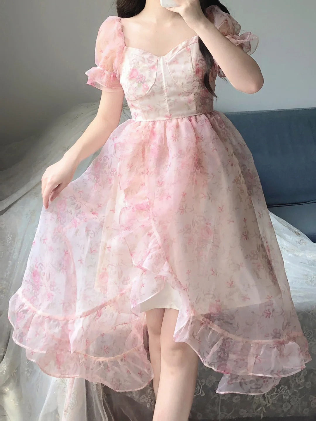Vintage High-Low Square Neckline Floral Holiday Dress Birthday Dresses Birthday Outfits - FashionDia