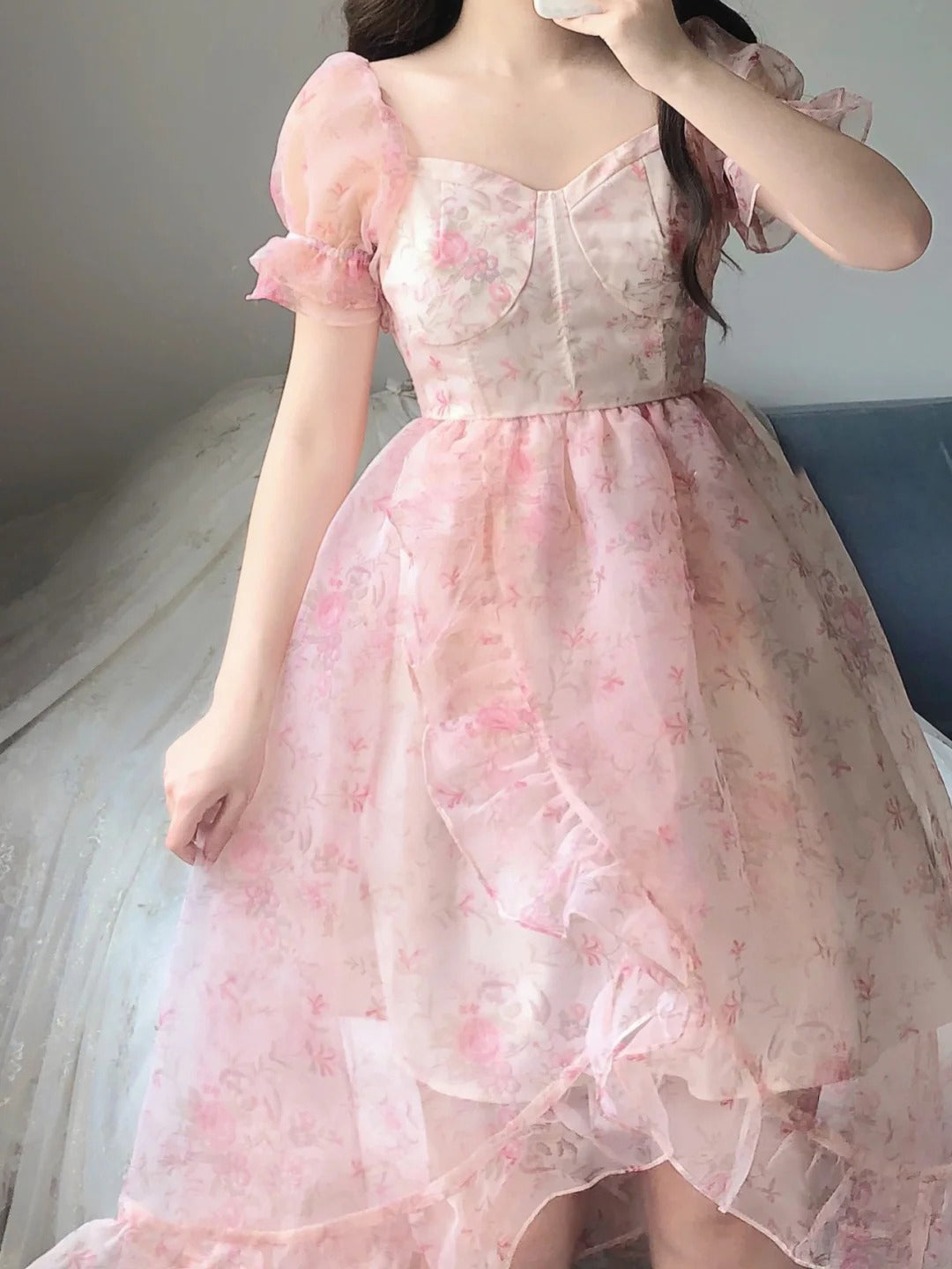 Vintage High-Low Square Neckline Floral Holiday Dress Birthday Dresses Birthday Outfits - View 3 | FashionDia