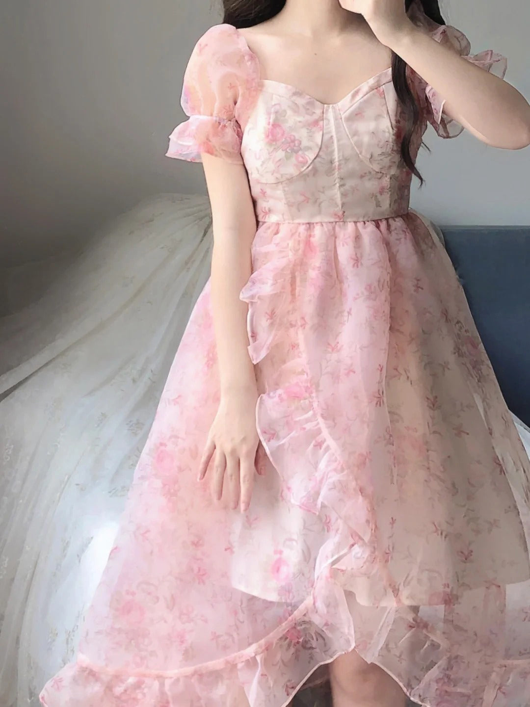 Vintage High-Low Square Neckline Floral Holiday Dress Birthday Dresses Birthday Outfits - View 4 | FashionDia