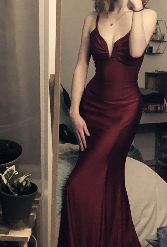 Spaghetti Straps Mermaid Burgundy Backless Satin Long Prom Dresses