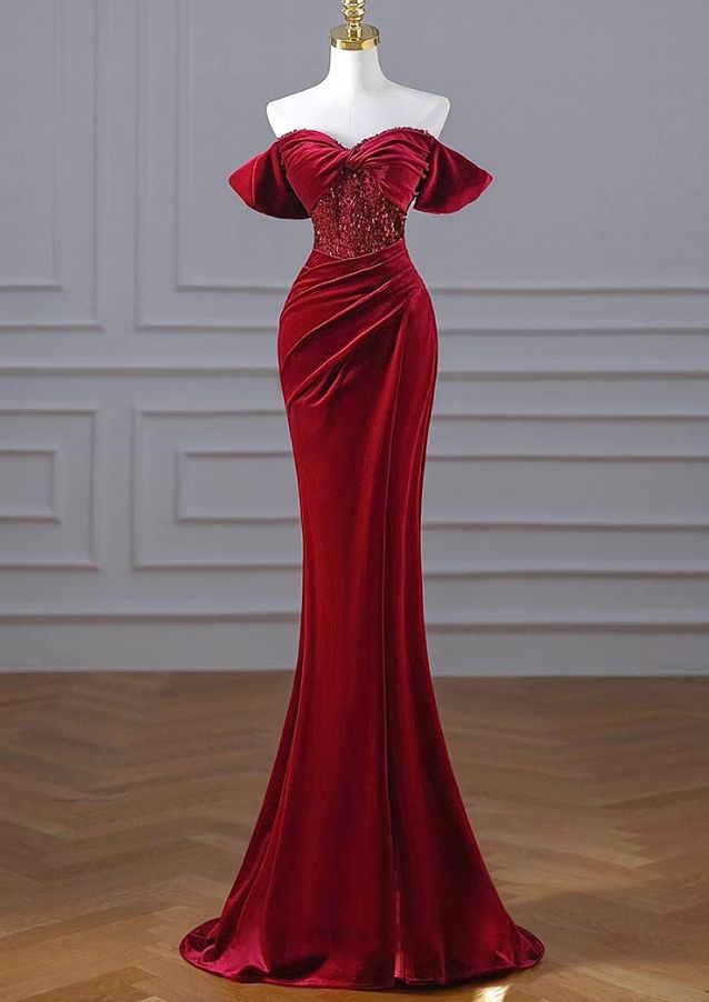 Sexy Mermaid Off The Shoulder Red Velvet Prom Dresses Long Party Dress