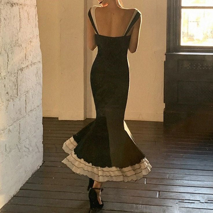 Sexy Mermaid Straps Chiffon Black Prom Dresses Party Dress