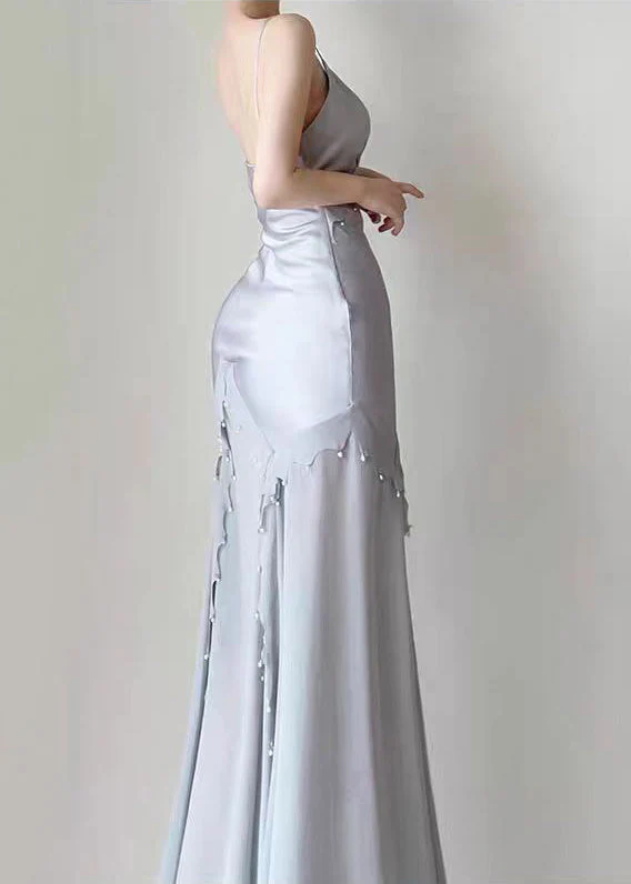 Retro Mermaid Straps Satin Blue Long Prom Dresses Party Dress - View 2 | FashionDia