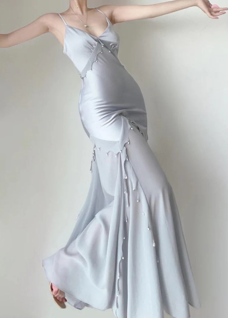 Retro Mermaid Straps Satin Blue Long Prom Dresses Party Dress - View 4 | FashionDia
